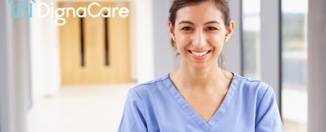 A caregiver looks happy as she looks forward to her career in home care.