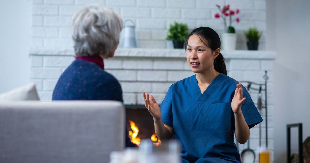 A professional caregiver explains some of her responsibilities as a caregiver to her senior client.