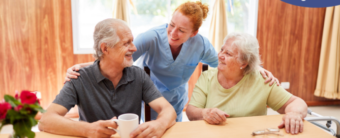 A good caregiving environment can benefit both caregiver and clients, as shown here by this caregiver and her 2 clients.