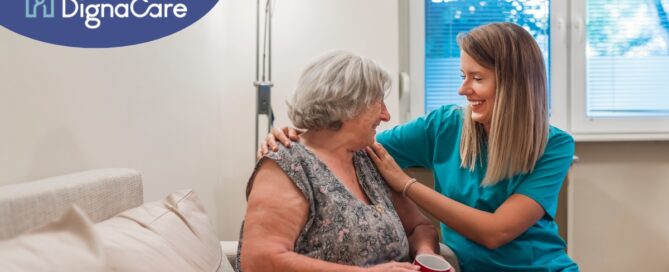 A home care provider compassionately tends to a senior client in their home.
