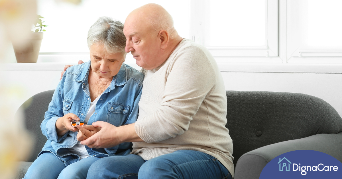 Chronic conditions like diabetes can be easier to manage when supported by others, as shown by this husband who is lovingly helping his wife take her blood sugar.