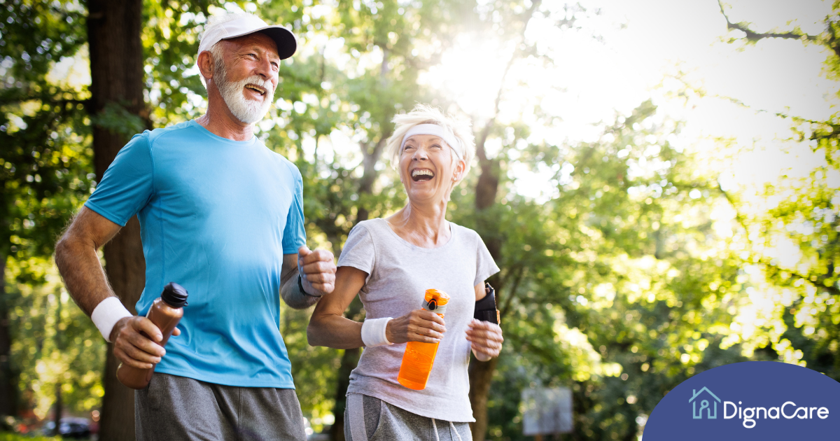 A senior couple enjoys walking outdoors, one of many activities for seniors that can help them stay healthy.